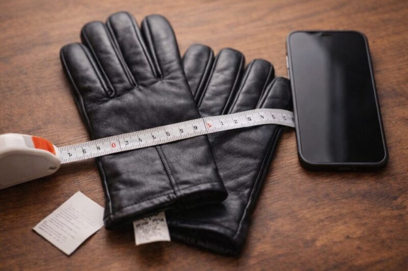 レザー手袋とメジャー、スマホを並べてサイズや使い方を確認するイメージ