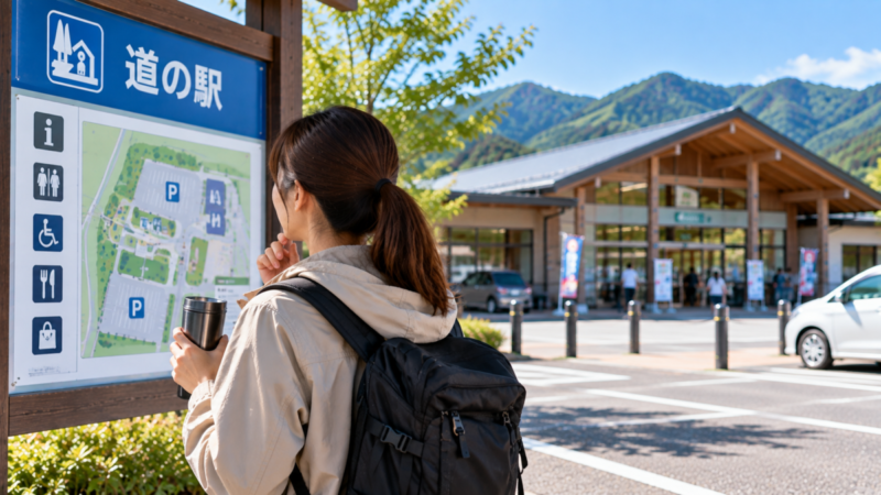 道の駅の施設案内板を確認する女性と、背景に見える休憩施設