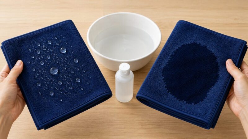 洗い直す前は水をはじき洗浄後は水分が染み込む吸水タオルの比較