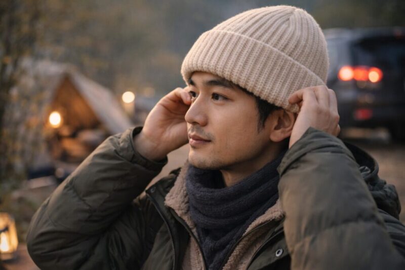 屋外でニット帽の深さを調整し、耳まわりのフィット感を確かめている様子