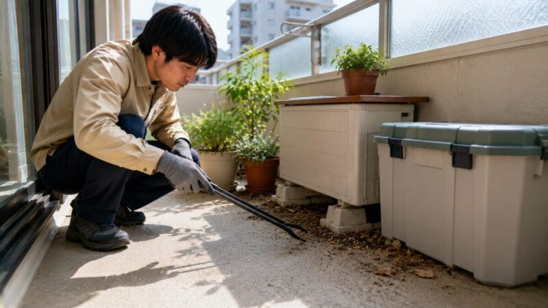 手袋と長いトングを使い、ベランダの落ち葉や収納ケースまわりを確認する人。