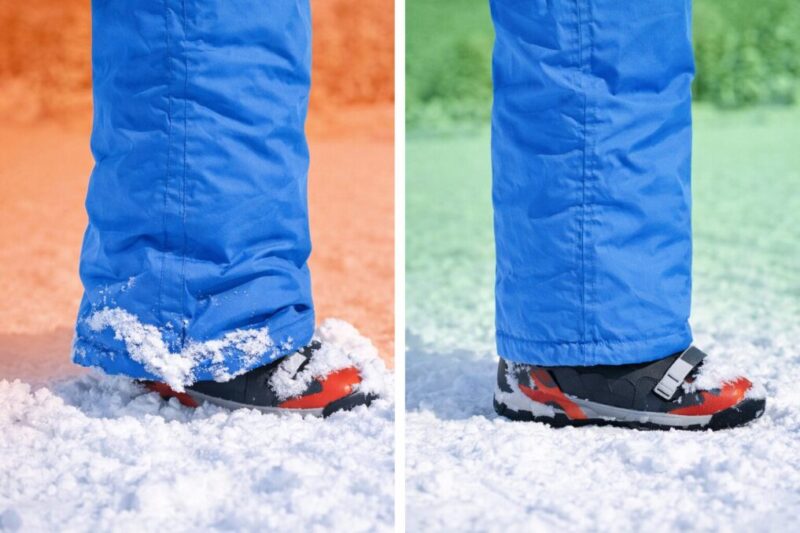 雪上でパンツの裾が長すぎる場合と適切な長さの場合を並べて比べ