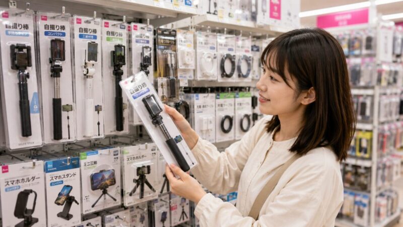 スマホアクセサリー売り場で自撮り棒を選ぶ女性