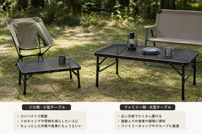 ソロ用とファミリー用のキャンプテーブル比較