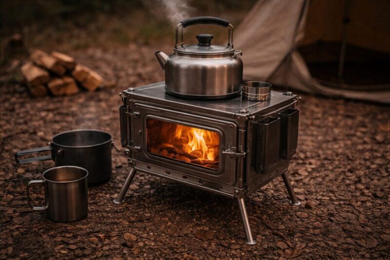 小型薪ストーブと小型ストーブを道具一式と並べ、持ち運びやすさを比較できる俯瞰イメージ