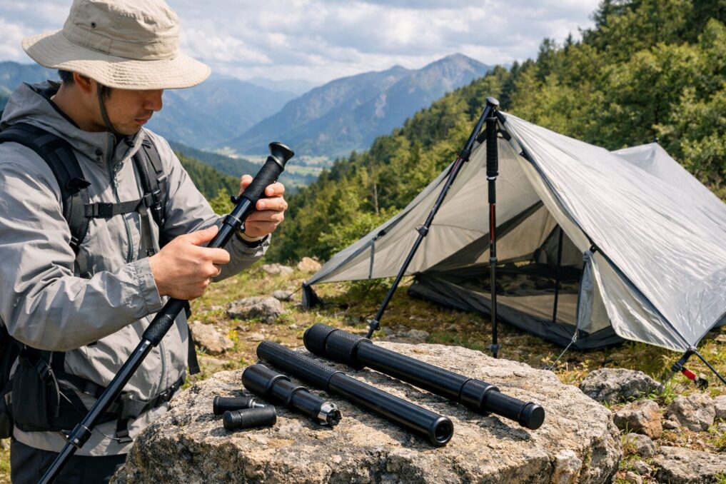 山のテント場でトレッキングポールの延長パーツを調整し、ポールで支えたテントが並ぶ様子