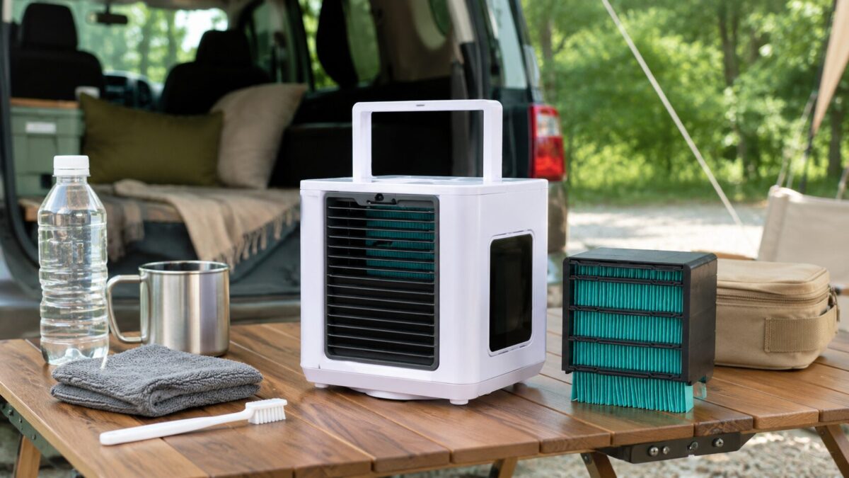 車中泊の木製テーブルに置いた小型冷風扇と交換フィルター、掃除用品の様子。