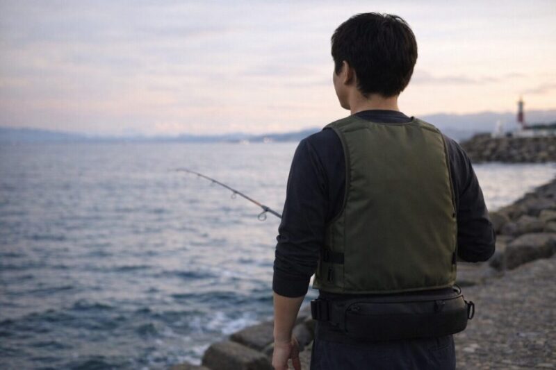 目立ちにくい色のライフジャケットを着た釣り人の後ろ姿