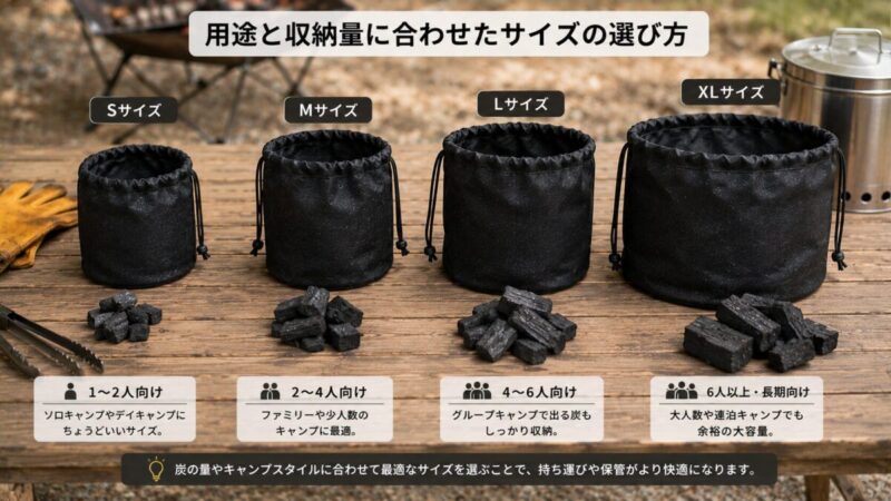 小型から大型までの火消し袋を並べ、キャンプやBBQで使う容量の違いを比較している写真。