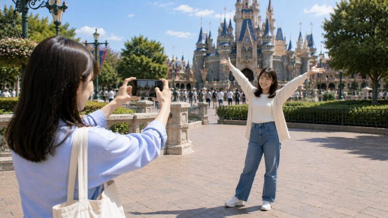 テーマパーク風の広場で、スマホを手に持った女性が友人の記念写真を撮る様子。