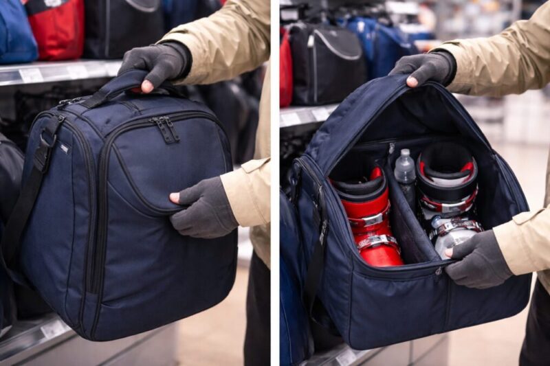 店頭でブーツバッグの開口部や持ち手を確認している様子