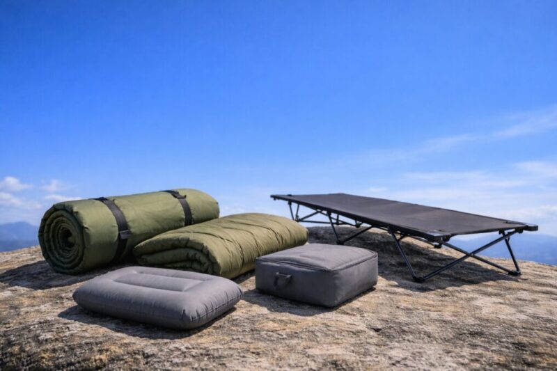 青空を背景に、岩の上に寝袋やマット、枕、組み立てたコットが並んでいる風景。