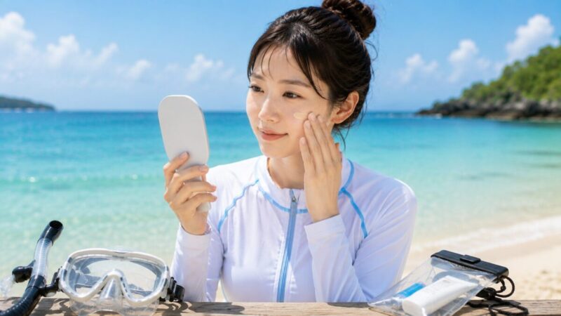 シュノーケリング前に鏡を見ながら頬へ薄いベースメイクをなじませる女性