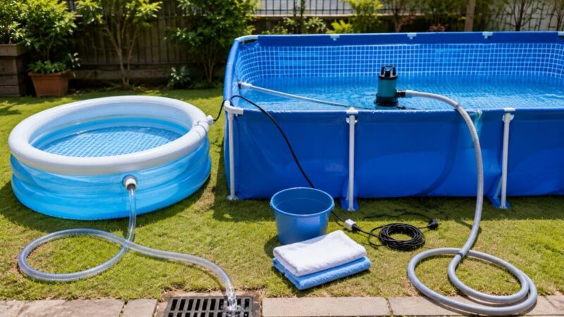 小型プールの底栓排水と大型プールの水中ポンプ排水を比較した様子