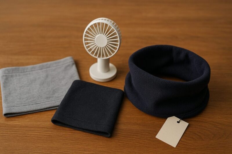 薄手と厚手のネックウォーマーを並べて用途別に選ぶイメージ