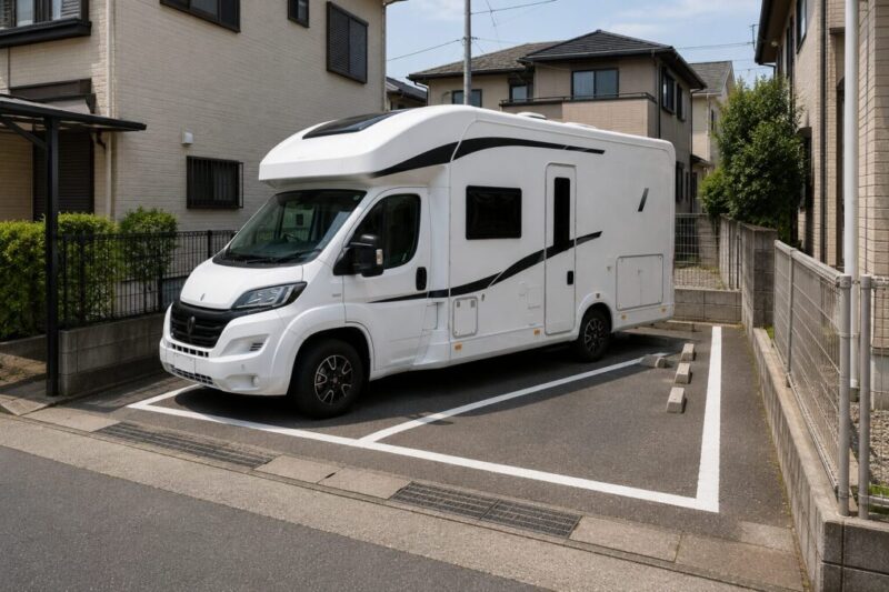 住宅街の駐車場でキャンピングカーが枠内に収まっているか確認している様子