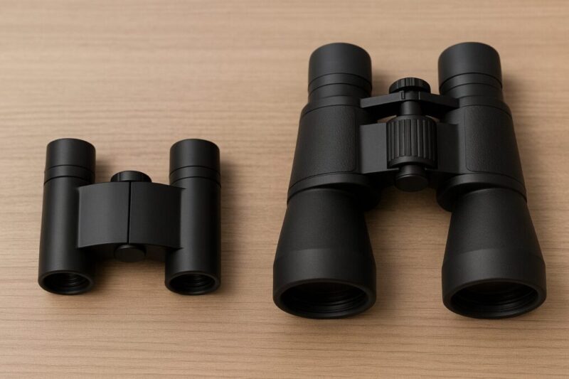 小型の双眼鏡と大きめの双眼鏡を机の上に並べ、サイズの違いが直感的に分かるように撮影したイメージ