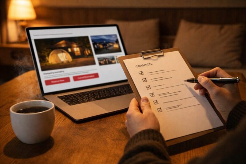 グランピングの予約を続けるか見直すか、チェックリストを見ながら考えている様子