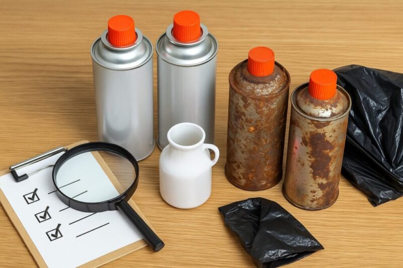 新品のボンベとサビたボンベを並べ、使用期限の判断ポイントを見比べられるイメージ写真