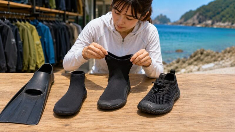 薄手のフィンソックス・防水ソックスシューズ・厚底マリンシューズの厚みとフィット感を比較する女性