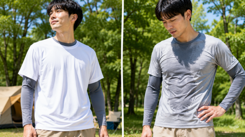 涼しい重ね着と汗で暑くなりやすい重ね着を比較する男性