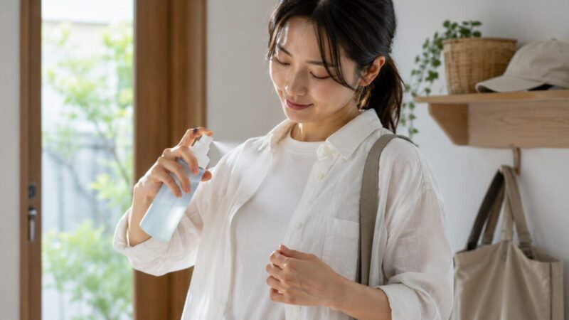 外出前に服の上からひんやりミストを吹きかける女性