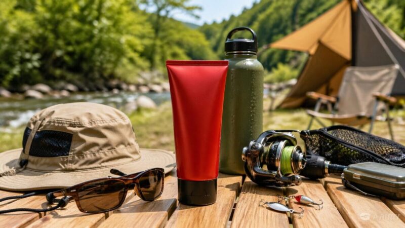 赤い日焼け止め風チューブとアウトドア小物を並べたUVケア商品の比較イメージ