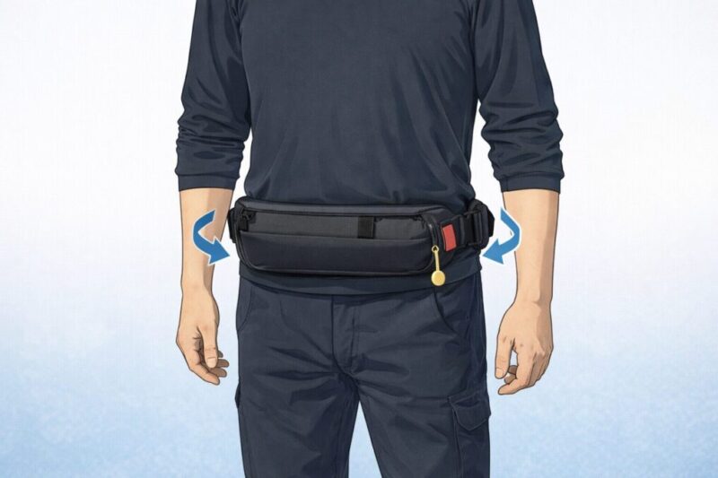 腰巻きタイプのライフジャケットを装着した状態の説明画像