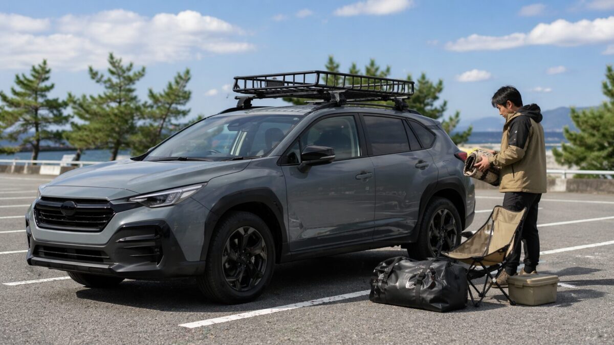 ルーフラックを装着したSUVの横でアウトドア用品を積み込む準備をする様子