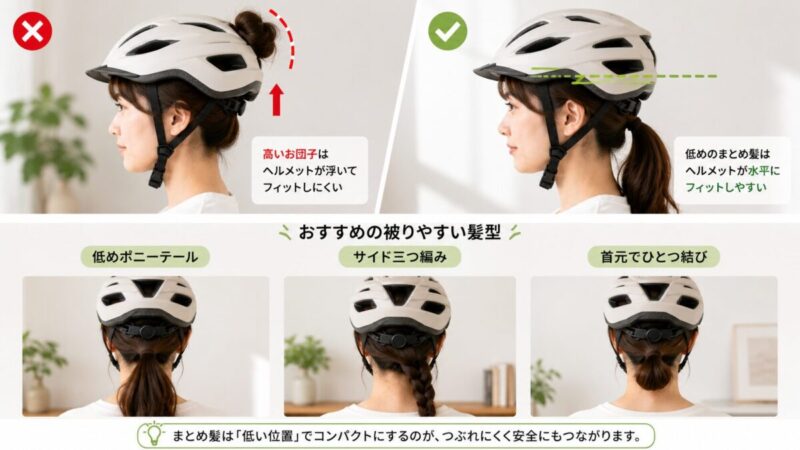 高いお団子と低い位置のヘアアレンジによるヘルメットの収まり方の比較