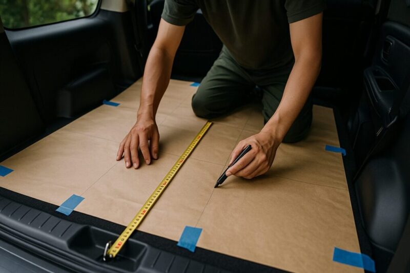 荷室に敷いた型紙をメジャーで測り、カットラインを引いている作業イメージ