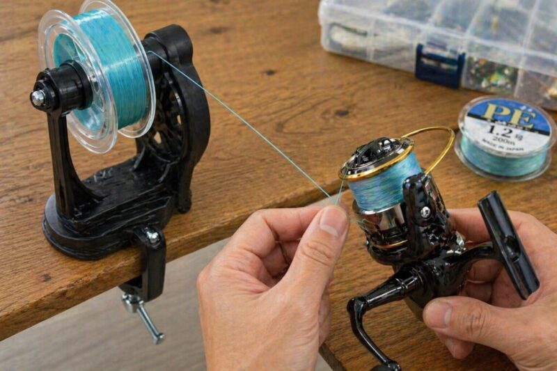 ライン巻き替え器具からリールへ糸を通し、手元で張り具合を確認しながら糸巻きの力加減を調整している様子。