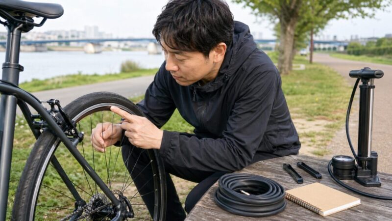 自転車タイヤのサイズ表記を確認しているイメージ。