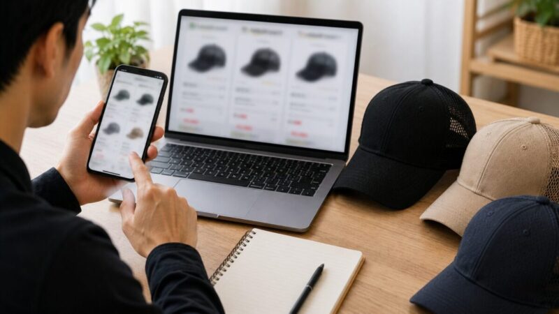 複数のメッシュキャップを机に並べ、スマートフォンとノートPCで商品情報を比較する男性
