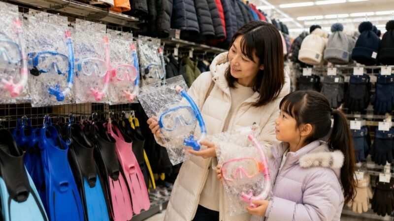 冬物用品が並ぶ店内でシュノーケリングセットを探す親子