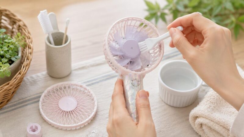 屋外で使ったハンディファンを布と綿棒で掃除している様子