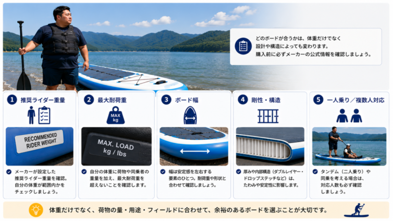大柄な人がSUPを選ぶ際に推奨体重や耐荷重、ボード幅、剛性、対応人数を確認するポイント