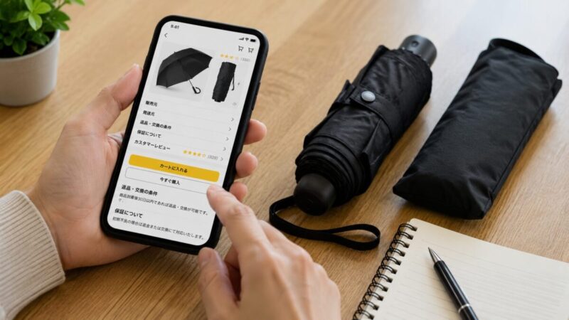 スマホで折りたたみ日傘の販売元や返品条件を確認している様子