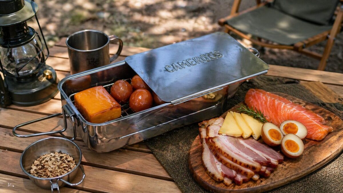 角型ステンレス製スモーカーに少量の食材を並べて燻製するキャンプ調理の様子