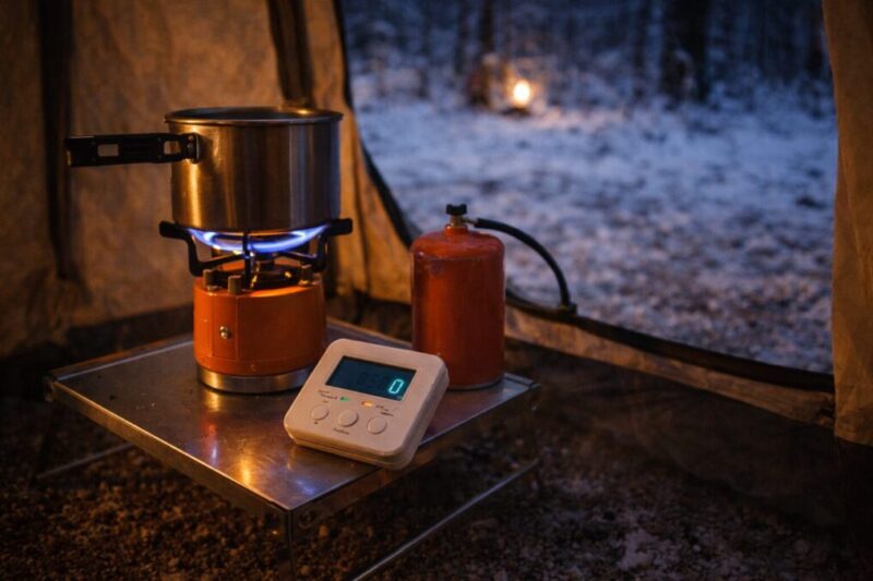 耐熱シートで床を保護し、周囲の荷物から距離を取ってストーブを安全に設置している様子