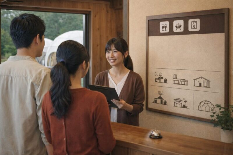 サイレントタイムの案内掲示があるグランピング施設の受付風景