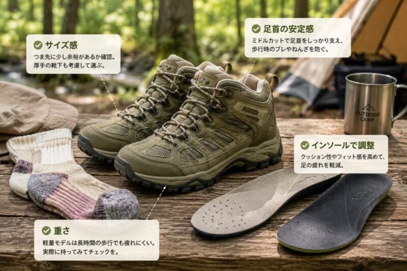 レディース向けのカーキ色ミドルカットシューズと靴下とインソールを並べた選び方イメージ。