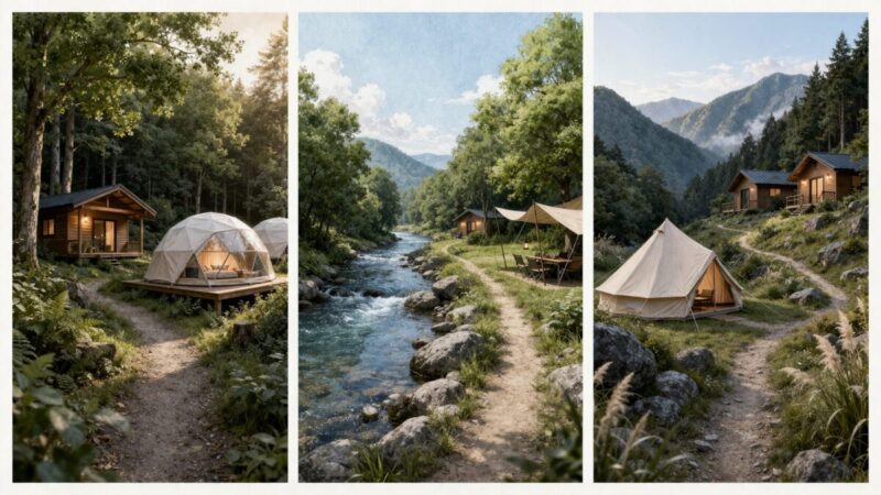 森際、川沿い、山あいの立地ごとの違いを比較したアウトドア施設の説明画像