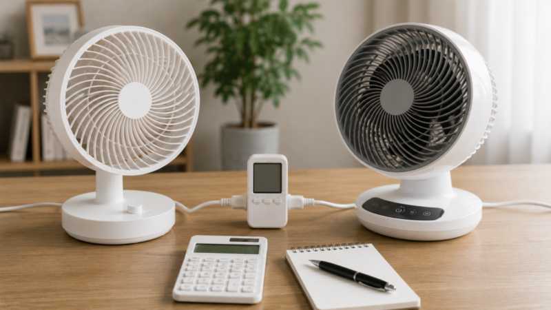2台のサーキュレーターをワットチェッカーと電卓で比較する様子