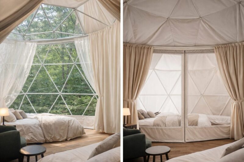 カーテンとインナーライナーが付いたグランピングドームの室内イメージ