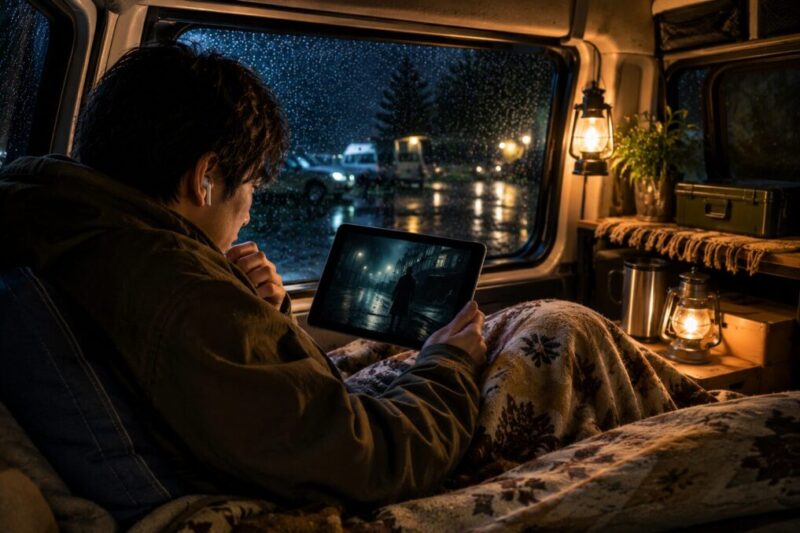 雨の夜の車中泊で、イヤホンを使いタブレットのミステリー作品に見入る男性