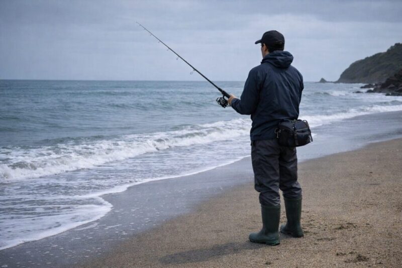 冬の海辺で防寒装備と長靴を使って釣りをする人