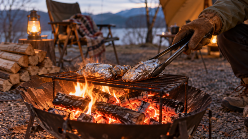 夕暮れのキャンプ場で、焚き火台の焼き網に置いたアルミホイル包みのさつまいもを耐熱手袋とトングで動かしている様子