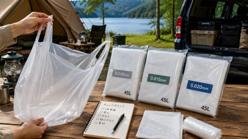45Lの半透明ゴミ袋を手で広げ、厚みの異なる袋を並べて比較しているキャンプ準備の様子