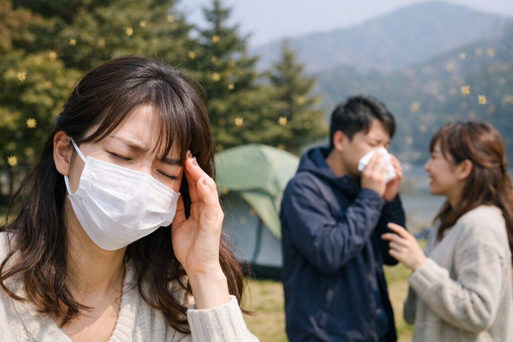 春の外遊び前に花粉症のつらさと会話のすれ違いを感じている様子のイメージ